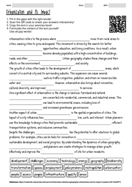 Worksheet With The Topic Urbanization And Its Impact Materials School